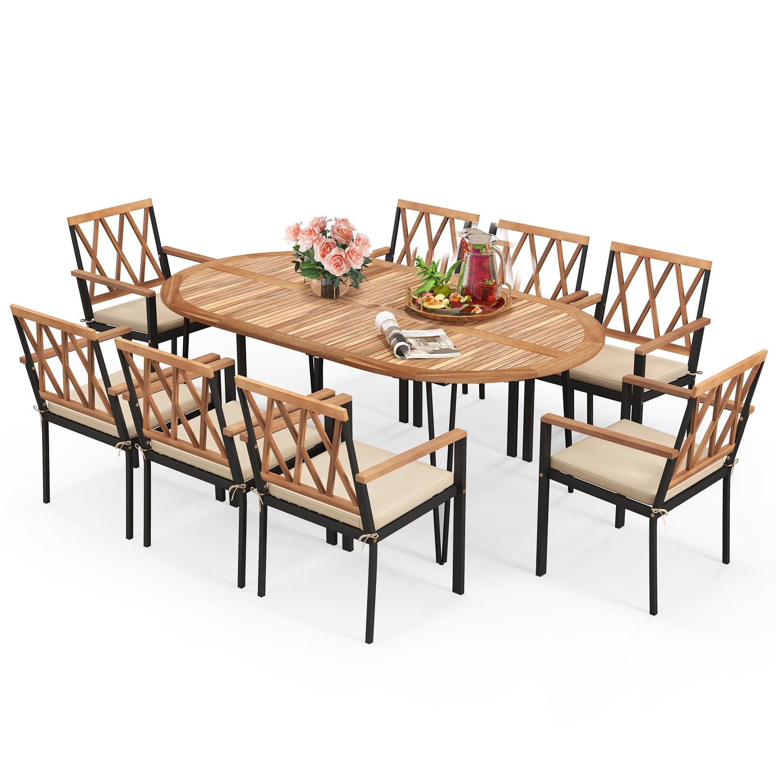 Tangkula 9 Pieces Patio Dining Set with Acacia Wood Top & Umbrella Hole